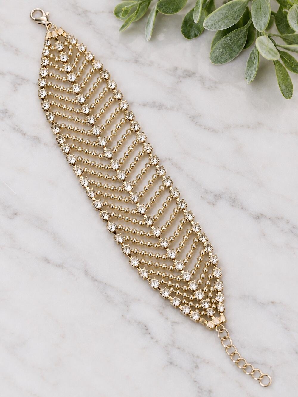 NWT Equip Rhinestone Feather Statement Bracelet Wide Gold Tone Lobster Clasp